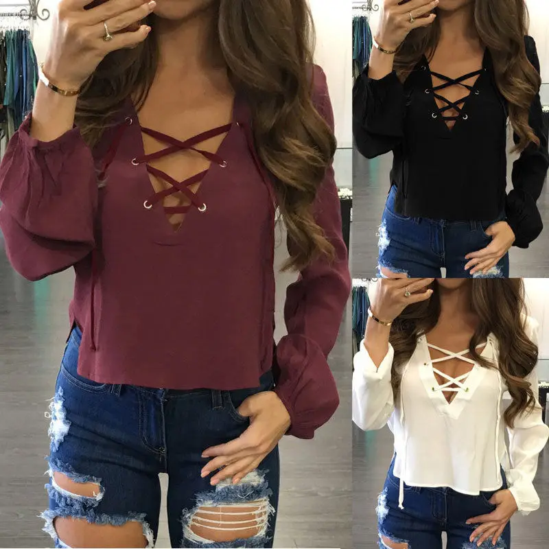 

2019 Autumn Fashion Womens Shirts Sexy Lace Up Bandage V-Neck Long Sleeve Solid Color Shirts Tops Loose Blouse Casual Shirt Tops