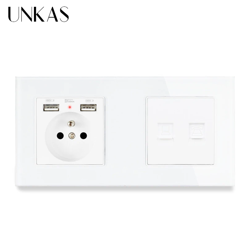 Французская стандартная настенная розетка UNKAS со стеклянной панелью и 2