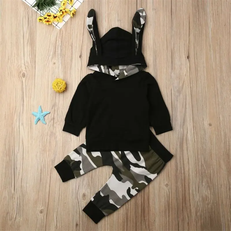 2PCS Bunny Ear Hooded Camo Pants Outfits Newborn Toddler Baby Girl Camouflage Clothes Hoodie Tops + Leggings Autumn Set | Детская одежда
