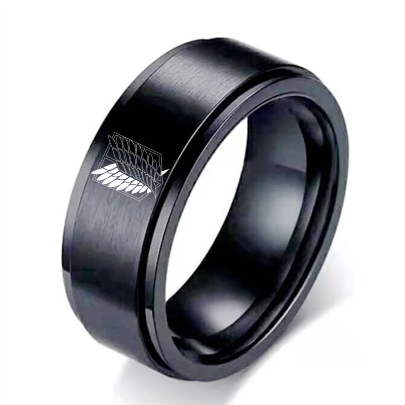 

8mm Attack on Titan Black sliver Stainless Steel Ring Wings Of Liberty Flag Finger Rings For Men Women Jewelry Anime Fans