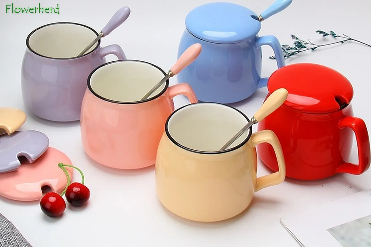 Керамическая фарфоровая кофейная кружка с крышкой ложкой креативная чашка для