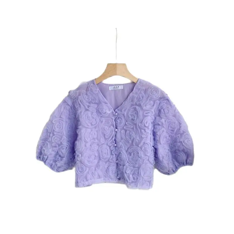 

Design Three-dimensional Flower Blouse Women Puff Sleeve V Neck Single Breasted Top Summer Casual Loose Short Blouses