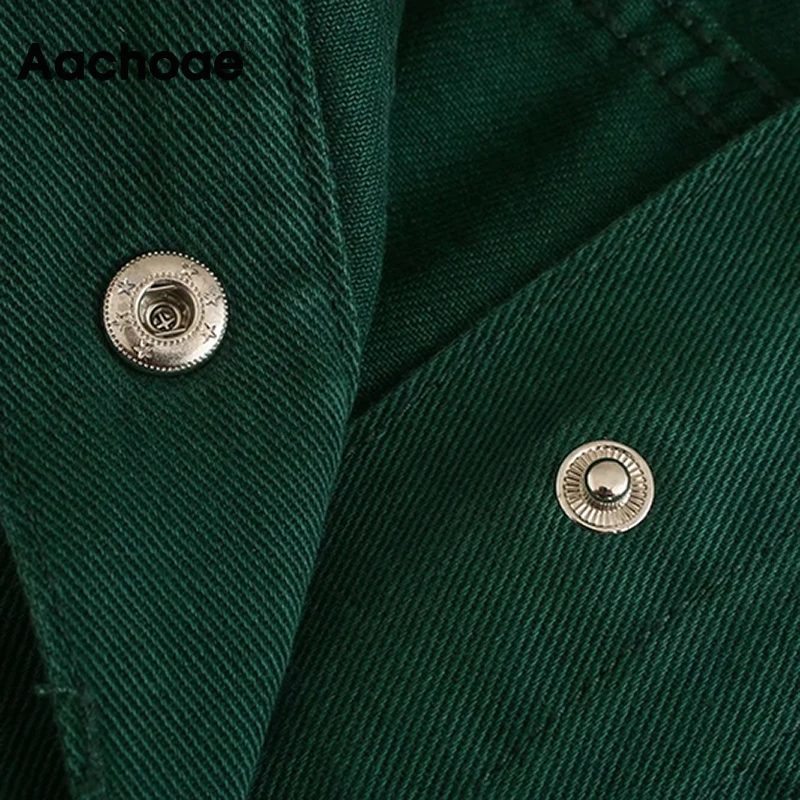 

Aachoae Streetwear Women Solid Cotton Denim Jacket Fashion Turn Down Collar Jeans Coat Long Sleeve Loose Jacket With Pockets