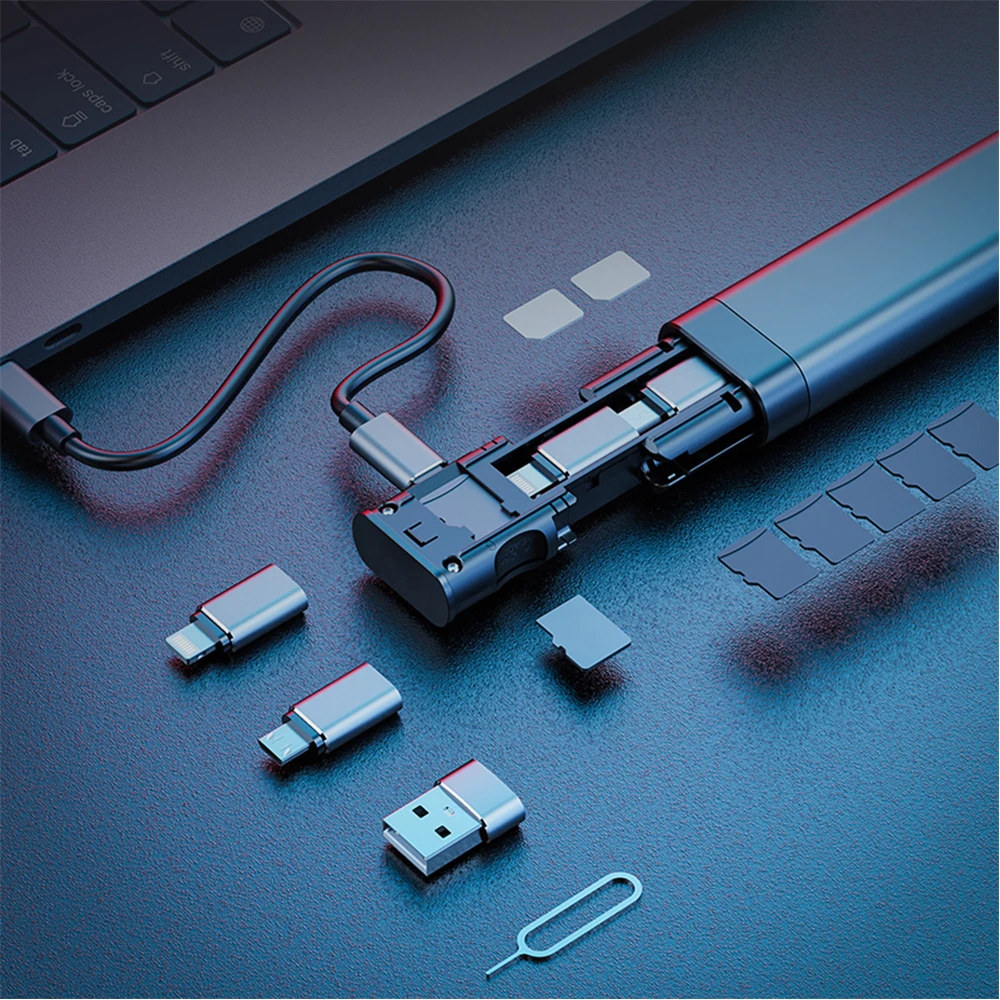 Caja de almacenamiento de tarjeta adaptadora inteligente multifunci&oacute;n 9 en 1 Cable USB Stick para iPhone Xiaomi Huawei Samsung Suministros de tel&eacute;fono port&aacute;til-5
