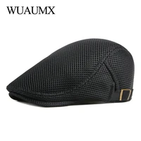wuaumx 2022 casual mesh beret hat men women spring summer visors net breathable herringbone flat cap solid peaked cap casquette