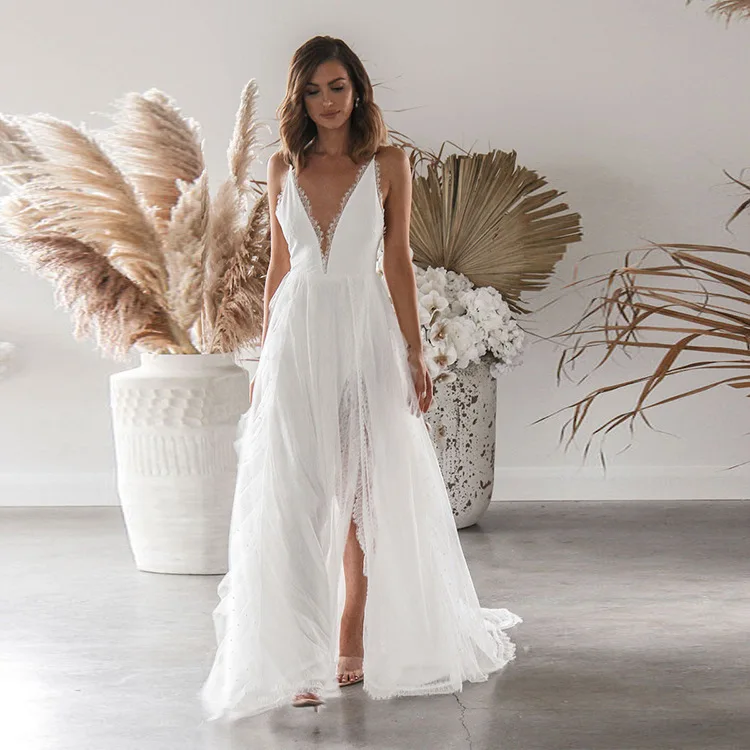 

BAZIIINGAAA Simple Taffeta Wedding Dress Elegant Bride V-neck Lace Appliques Wedding Gowns Plus Size Spring 2021 Robe De Mariee