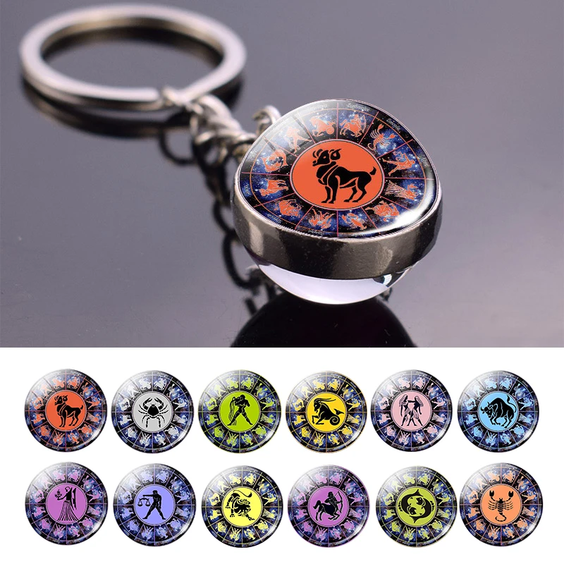 

Aries Taurus Gemini Leo 12 Constellation Keychain Glass Ball Pendant Zodiac Sign Keychain Car Key Rings Couples Gifts