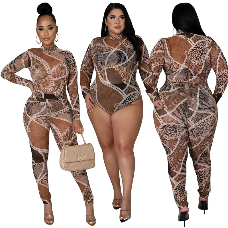

2022 Sexy Outfits Women Plus Size Clothing Long Sleeve Bodysuit Pants Clubwear Transparent Mesh Party Two Piece Set Dropshipping