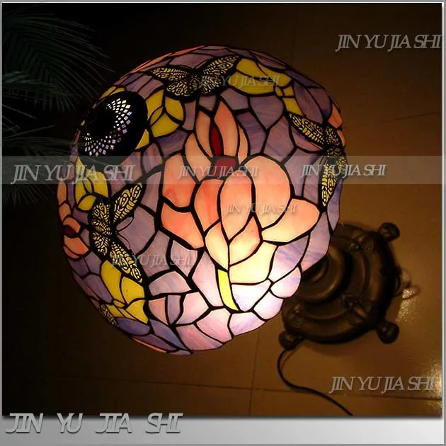 

Tiffany Retro Purple Butterfly color art glass table lamp pastoral bedroom study room lamp 12inch