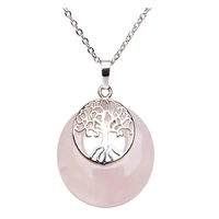 fyjs unique silver plated tree of life round hollow pendant natural rose pink quartz necklace for women jewelry