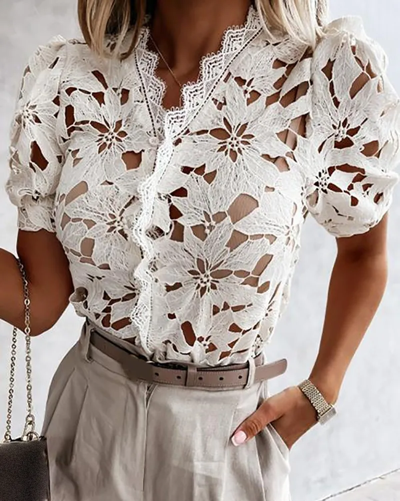

Bubble Sleeve Top Women's Fashion New White Hollow Pattern Bubble Sleeve Tops Casual Ladies Wear Solid Color 2021 Summer Women