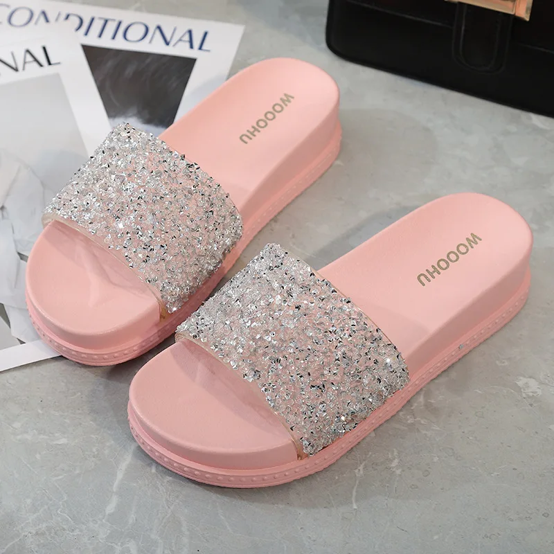 

2021 Summer New Style Women's Slippers Fashion Sexy Roman Style Sandals Transparent Open Toe Slides Rhinestone Outdoor Flat