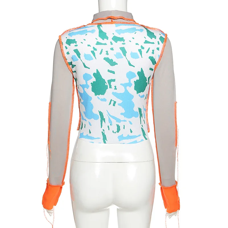 

hirigin Top Green Camo Colorblock Graphic T Shirts Turtleneck Long Sleeve Crop Tops Woman Clothes Fall 2020