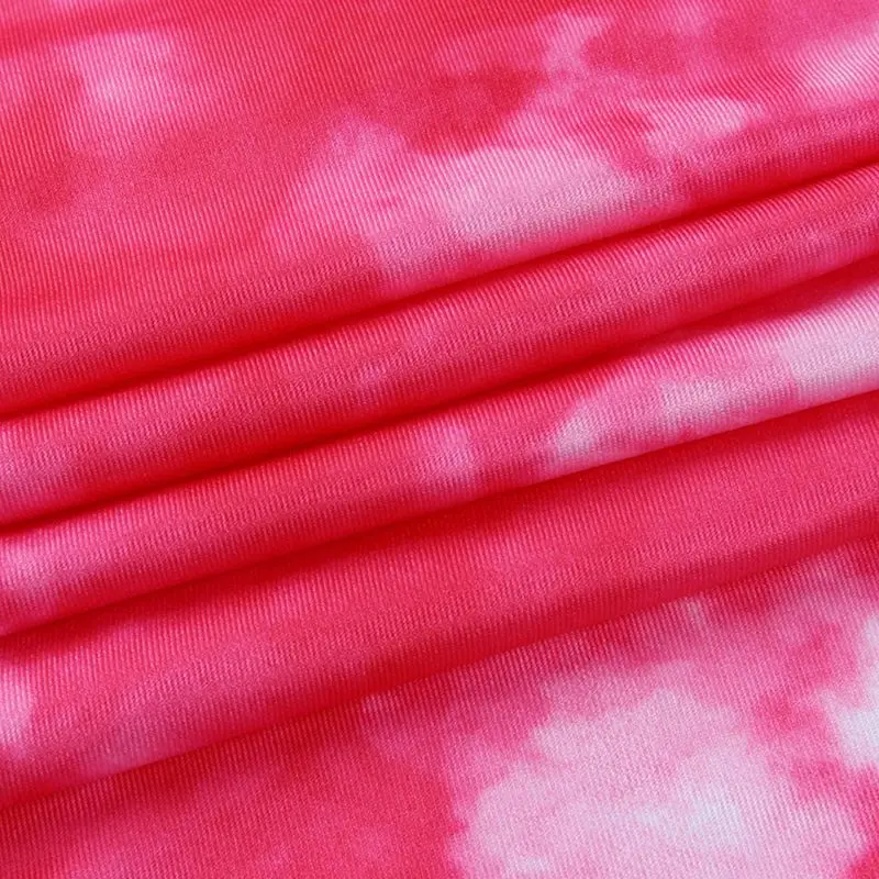 

Women Summer Short Sleeve Ruched Pleated Bodycon Mini Dress Bright Tie-Dye Print Sexy Half Zip Up Turtleneck Night Clubwear