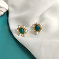 s925 needle modern jewelry vintage earrings delicate design simulated pearl green resin stud earrings for girl lady gifts