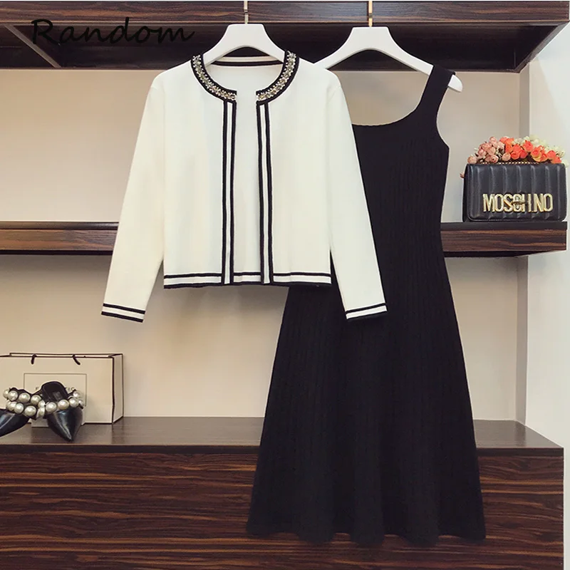 Женский вязаный костюм белый кардиган свитер топ и платье на бретельках комплект