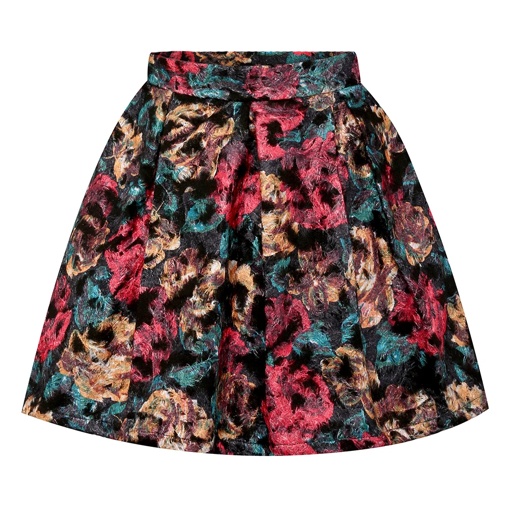 

Women Pleated Mini Skirt Spring Autumn Jupe Femme Tutu Skirts Faldas Mujer Vintage High Waist Flower Woolen Skirt Elegant