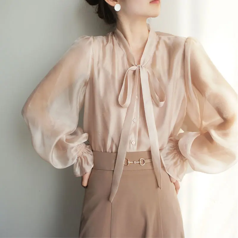 

Рубашка цвета шампанского с галстуком-бабочкой и рукавами-фонариками на бретельках с длинным рукавом Элегантная Модная нежная прозрачная ...