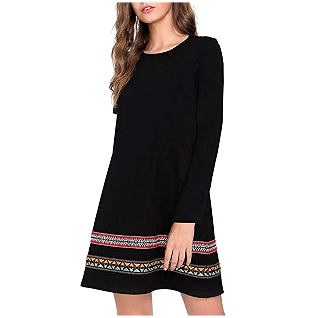 Осенне зимнее женское платье с круглым вырезом и длинными рукавами Однотонное