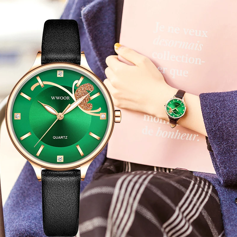 

WWOOR 2021 Women Watches Top Brand Luxury Designer Fashion Green Ladies Dress Diamond Watch Women Leather Wristwatch Reloj Mujer