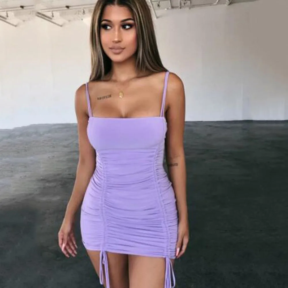 

Summer New Casual Women's Purple Breast-Wiping Belt Fold Tight Sling Dress