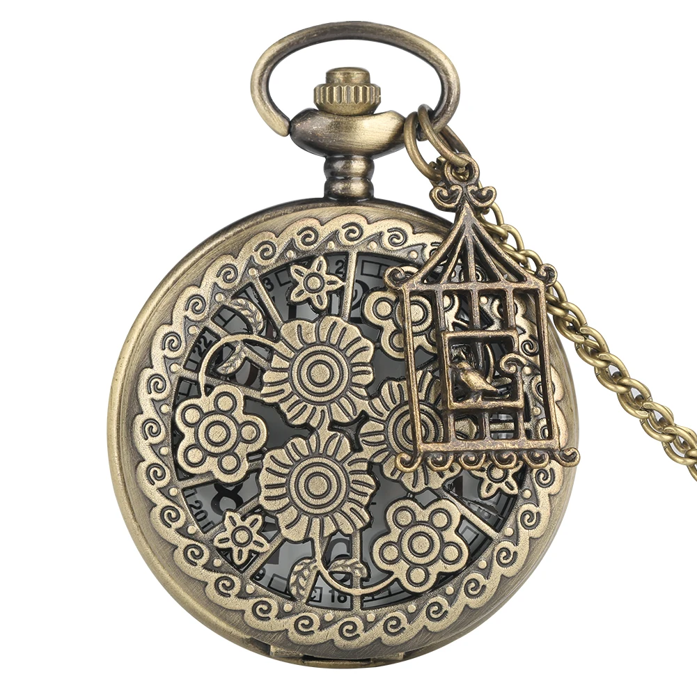 

Blooming Flowers Hollow Pretty Necklace Quartz Pocket Watch Chain Old Fashion Pendant Clock Accessory Gift for Men Women Friends