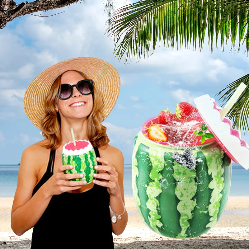 

Funny Water Cups Watermelon Shaped With Straw Summer Beach Drink Bottle Travel Supplies Reusable Tumbler Double Insulation Cup