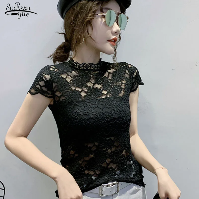 

Blusas, однотонные женские топы, блузка, ажурная кружевная блузка, женская рубашка с коротким рукавом, повседневная водолазка, сексуальная вяз...