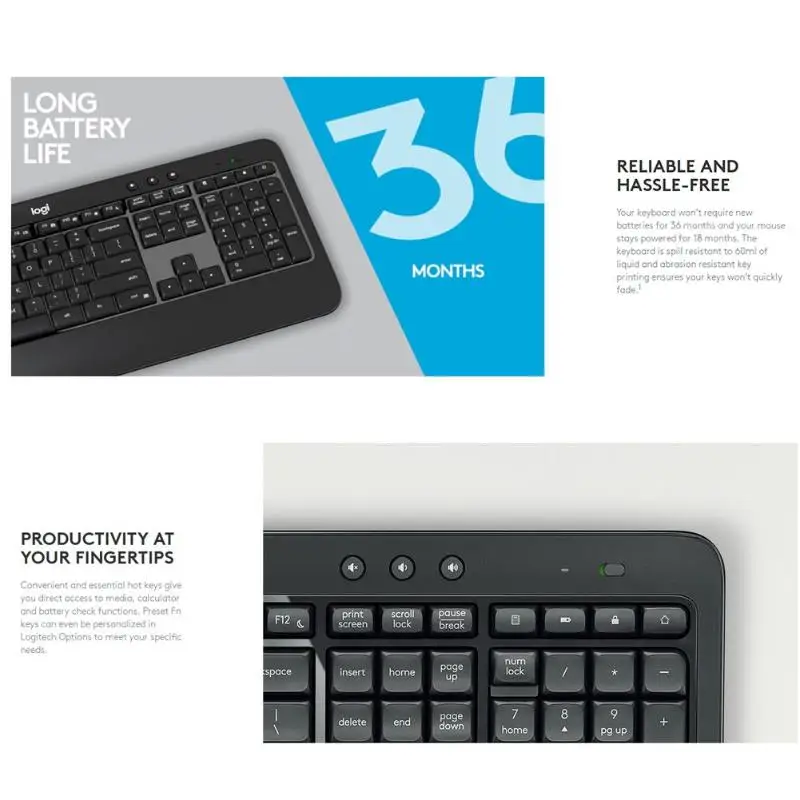 Беспроводная клавиатура logitech MK540 Advanced 2,4G 10 m, эргономичная мышь 1600 dpi, набор клавиатуры и мыши для ПК и ноутбука