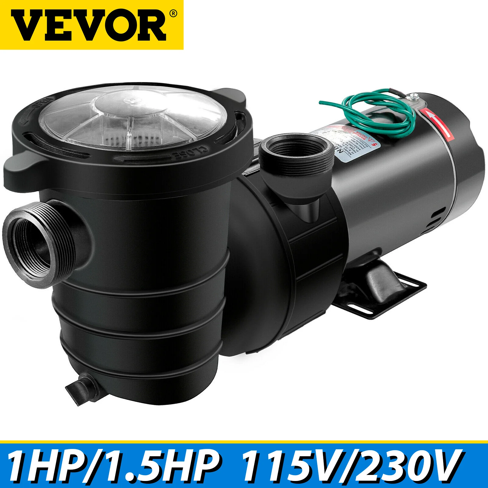 

VEVOR 110V/230V Swimming Pool Pump 1.5HP/1HP Motor In/Above Ground Inlet/Outlet 41/47.6/ ft Quiet For Clean Swimming Pool Water