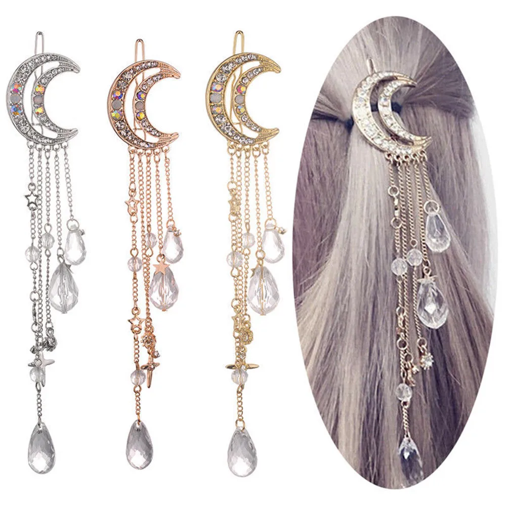 

2022 Hot Selling Moon Crystal Rhinestone Beads Dangle Hairpin Charm Hair Clip Women Bridal Jewelry