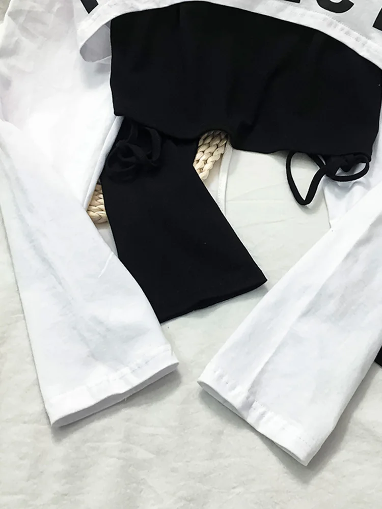 High Street Fashion T Shirts Women 2021 New Spring Summer Long Sleeve False Two Piece Female Crops Tops S M L XL