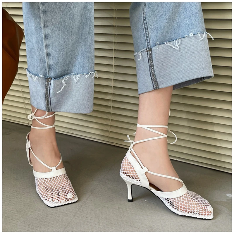 2021 Ladies Sexy Mesh Sandals Shoes Summer Thin High Heels Pumps Women Square Toe Ankle Strap Gladiator Romen Outdoor#SJPAE-210
