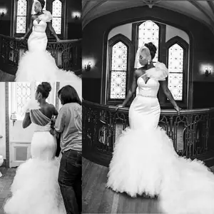 One Shoulder Plus Size Wedding Dresses Sheer Neck Tulle Beaded Mermaid Court Train Bridal Gowns African Customized Wedding Dress