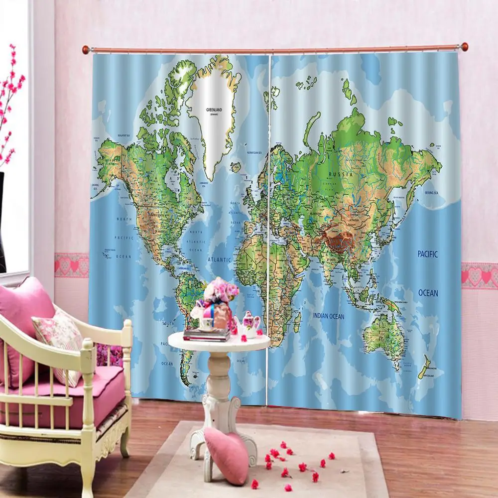Занавески декоративные 3D короткие занавески с картой мира синего цвета для