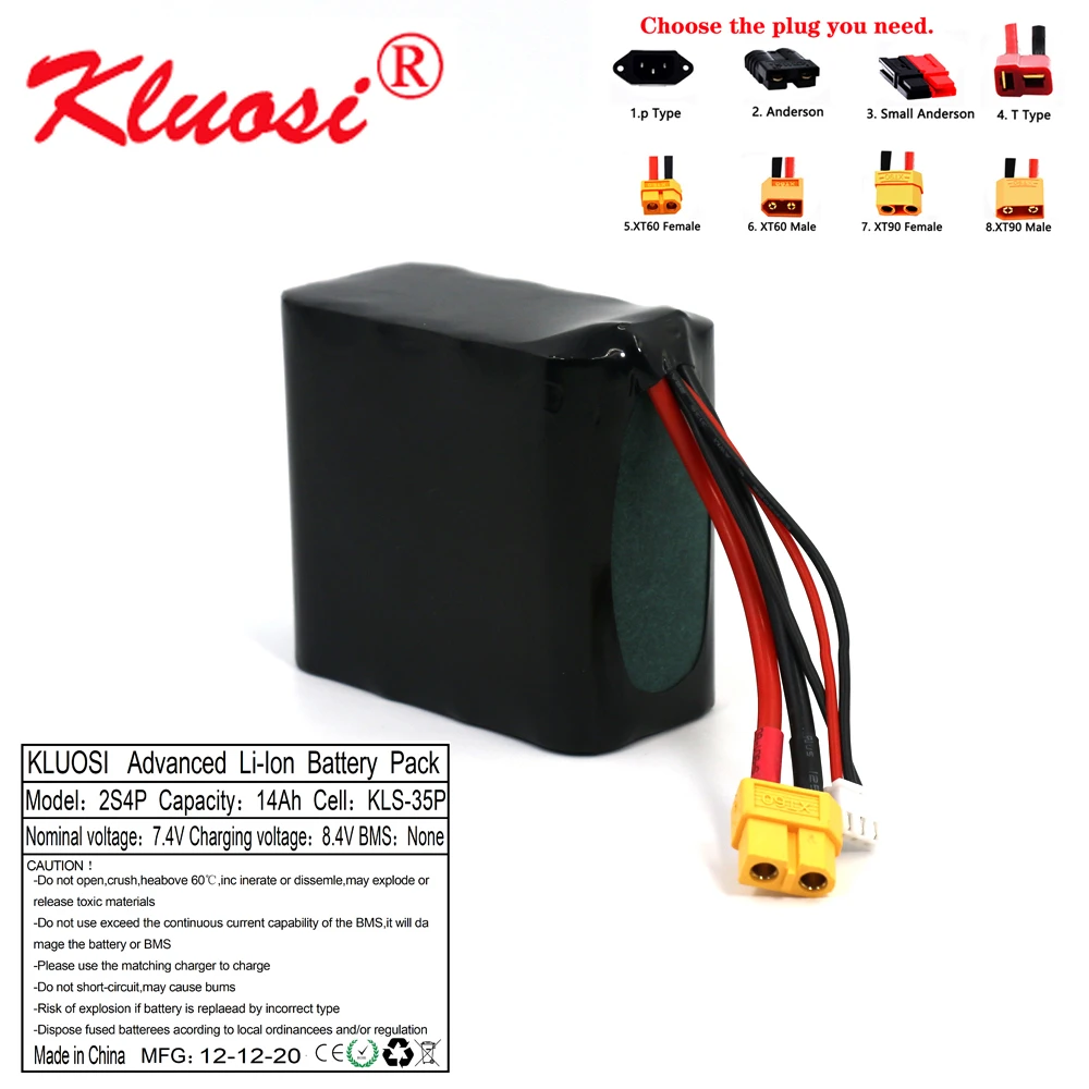 

KLUOSI 2S4P 7.4V 14Ah 8.4V High Capacity UAV Rechargeable Li-ion Battery for Various RC Airplane Drone Quadrotor XH2.54-3P XT60