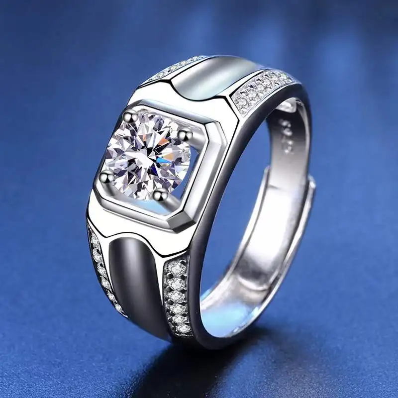 

Trendy 925 Sterling Silver 1ct 6.5mm D Color VVS1 Moissanite Diamond Men Ring Plated White Gold 4 Prong Adjustable Rings Gift