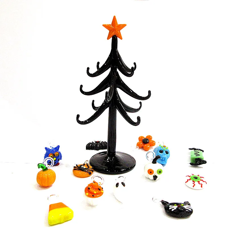 Conjunto de decoración de Halloween hecho a mano, árbol de cristal de murano negro, adorno con 12 dijes, accesorios colgantes para el hogar y la habitación