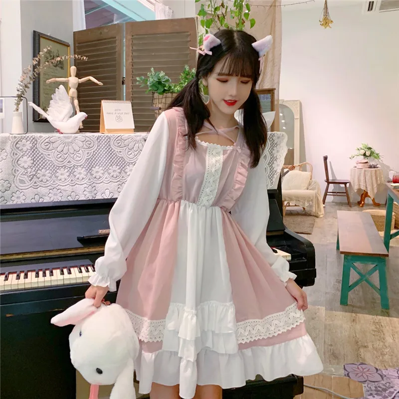 Kawaii/платье в японском стиле «Лолита»; мягкое милое Повседневное платье для девочек с короткими рукавами; студенческое летнее платье