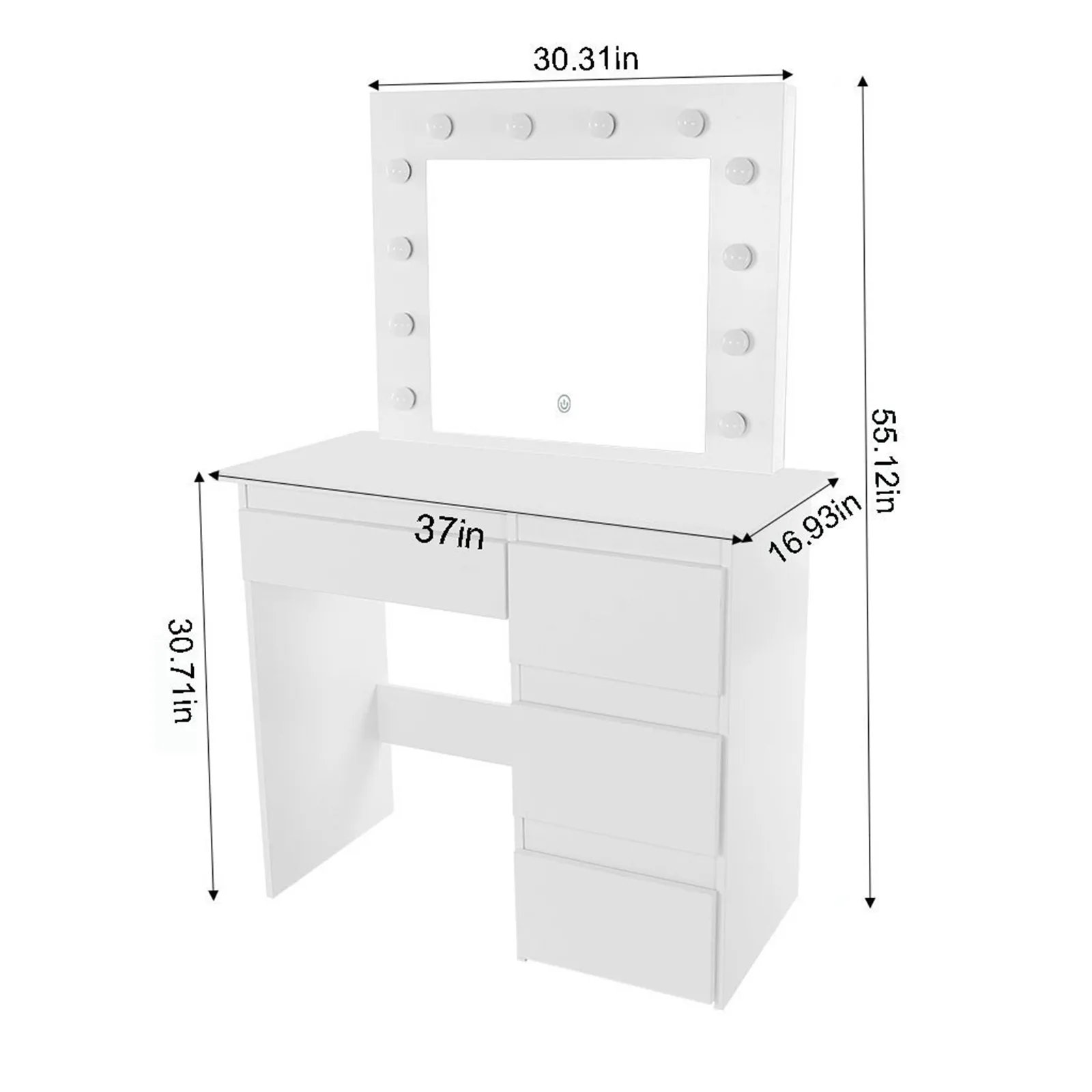 

White Vanity Table Set with Lighted Mirror Makeup Vanity Dressing Table 4 Storage Drawers Dresser Desk with 12 LED Dimming Light