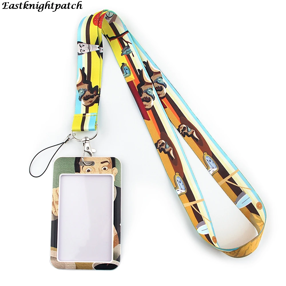 

12pcs/lot E2661 Art Oil Painting Lanyard Keychain for key Badge Mobile Phone Keyrings Women Men Neck Straps With DIY Card Cover
