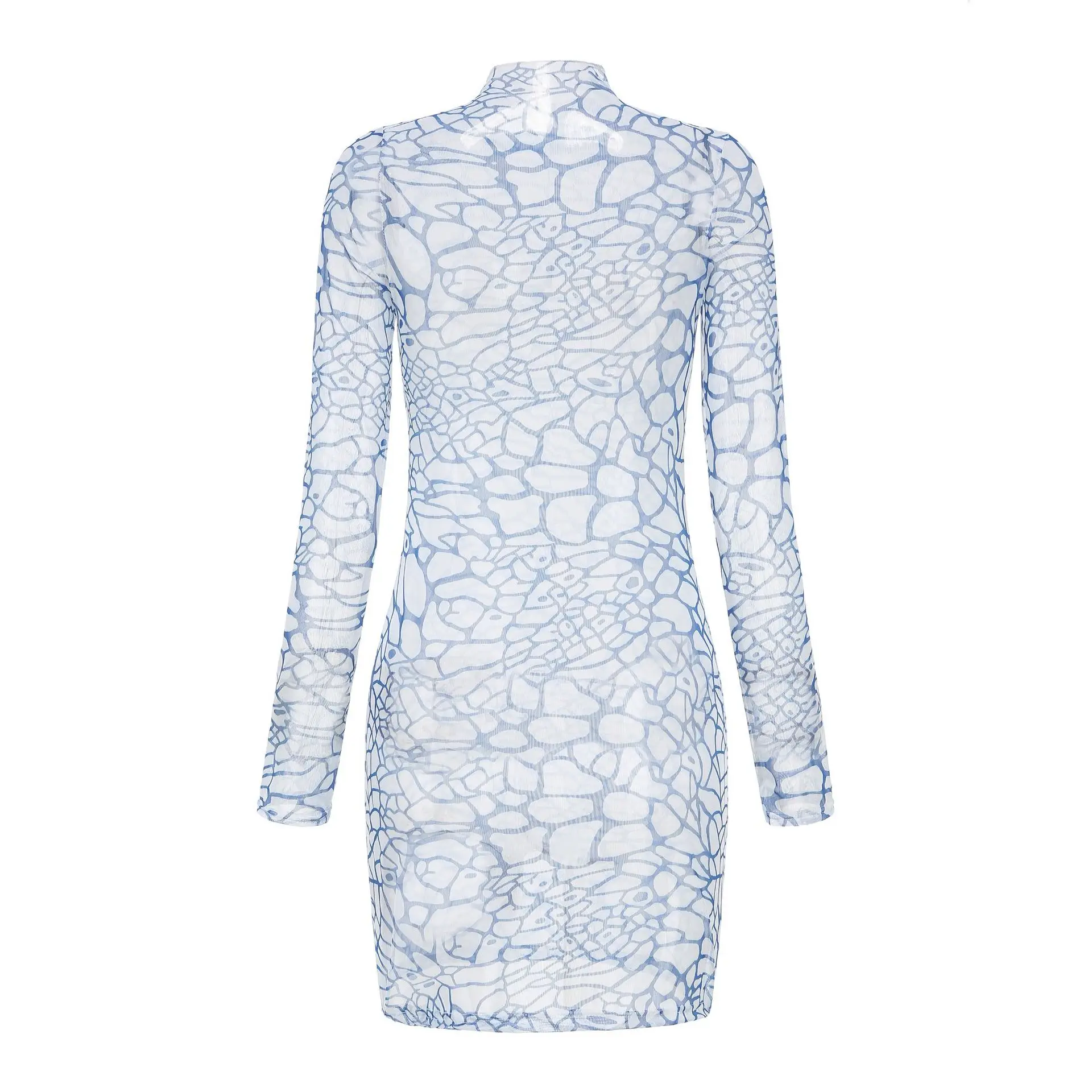 

Blue Plaid Mesh Dress Sexy Round-necked Long-sleeved Bag Hip Skirt Bodycon Dress Sexy Dresses Party Night Club Dress