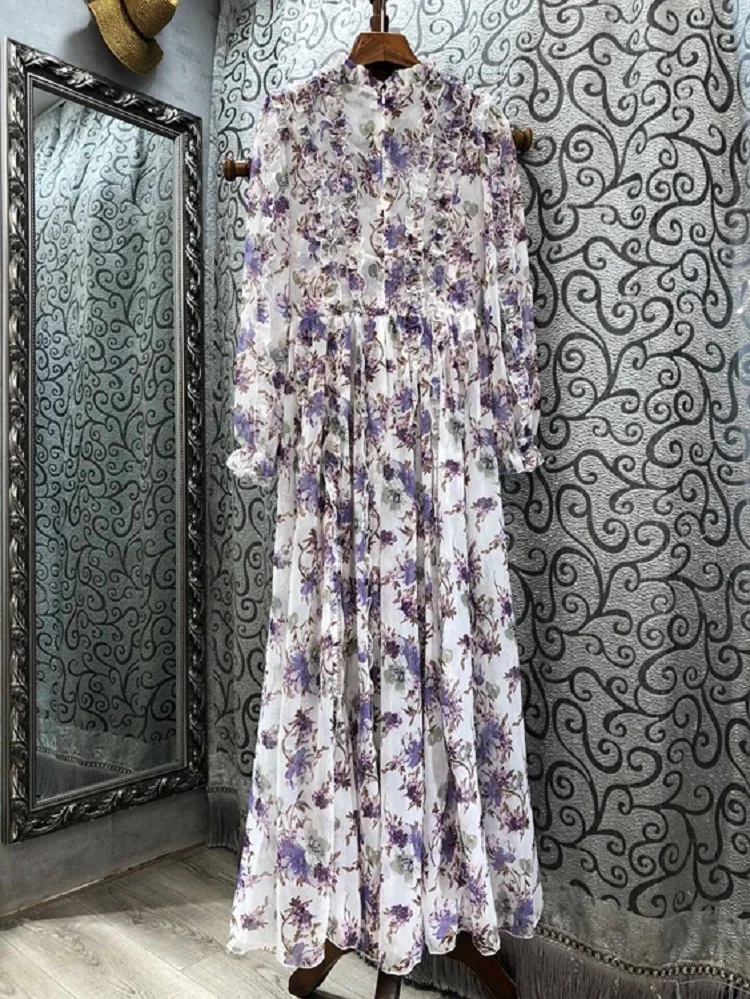 

Женское длинное вечернее платье, элегантное Фиолетовое Платье макси с каскадными оборками и цветочным принтом, весна-лето 2021