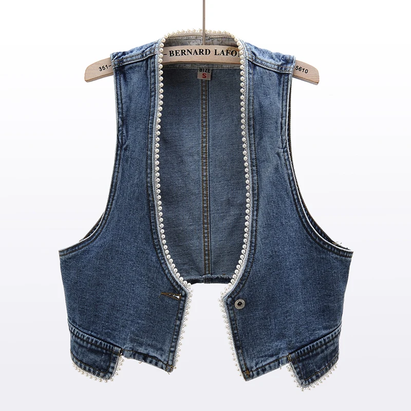 

Женский джинсовый жилет на одной пуговице, повседневная облегающая Короткая Джинсовая безрукавка с V-образным вырезом, жилет без рукавов в Корейском стиле на лето