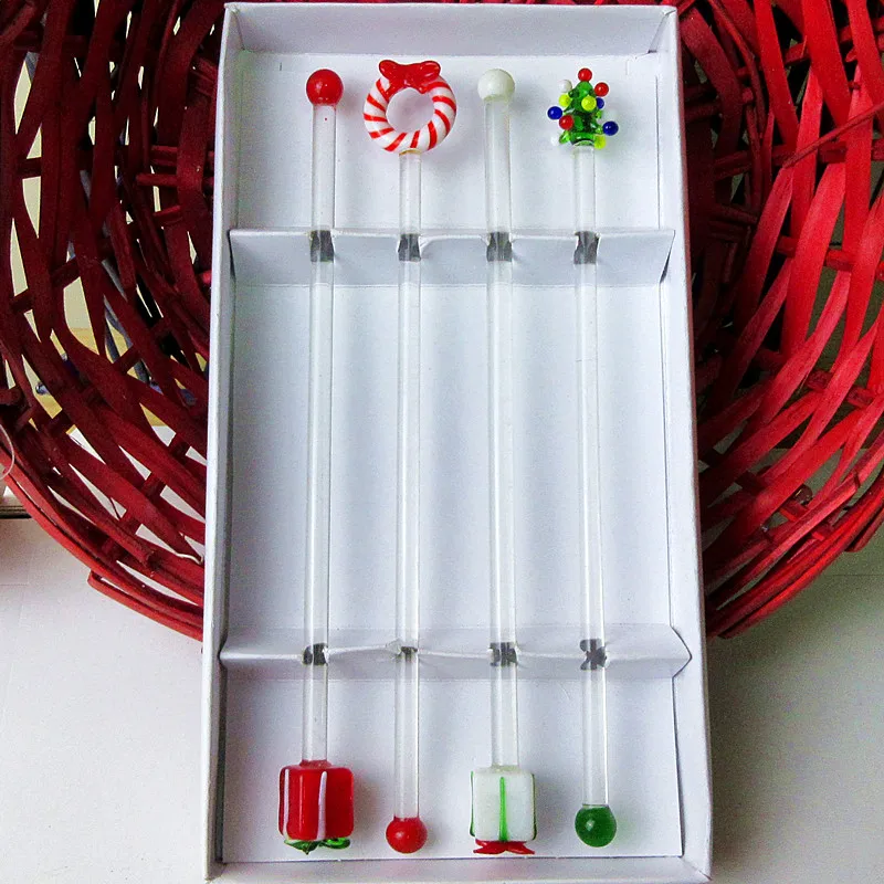 

4pcs new Christmas Party lovey glass swizzle stick handmade Lampwork glass wine swizzle coffee cocktail drink stirrer wholesale
