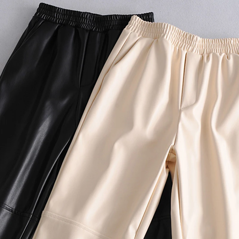 Женские прямые брюки Za из искусственной кожи зимние черные эластичные с высокой