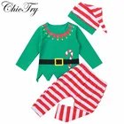 Рождественский комплект из 3 предметов для новорожденных мальчиков и девочек, Топ с длинным рукавом и цифровым принтом и штаны в полоску, шапочка, набор для карнавала