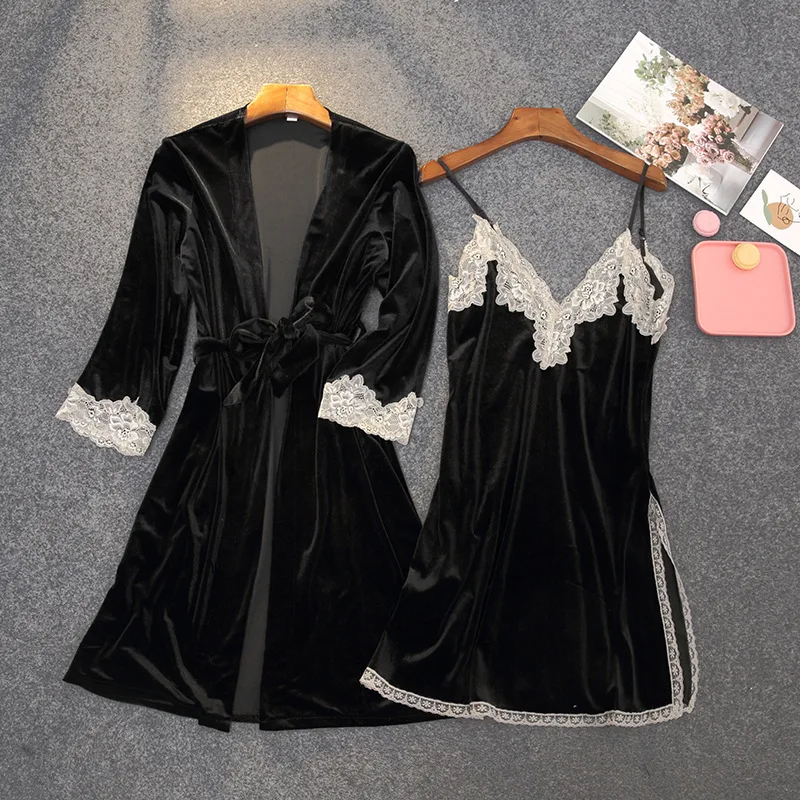 

Sleepwear Sexy Lace Nightdress Lady Velour Kimono Bathrobe Gown Autumn New Nightgown Intimate Lingerie Soft Home Clothes