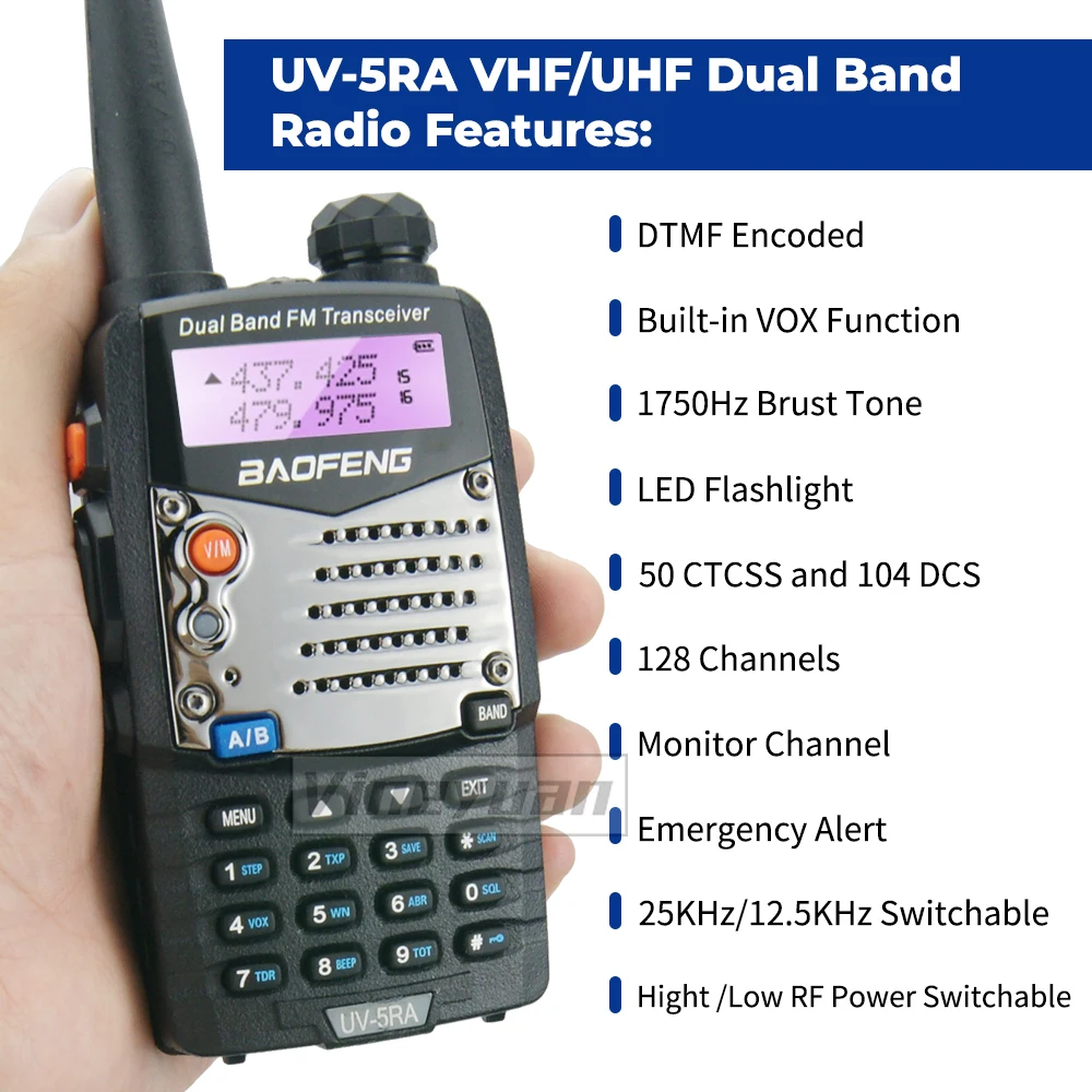 BAOFENG Walkie Talkie UV-5RA VHF/UHF (136-174&400-520MHz) Dual band 5W 128CH Portable FM Two Way Radio With Earpiece