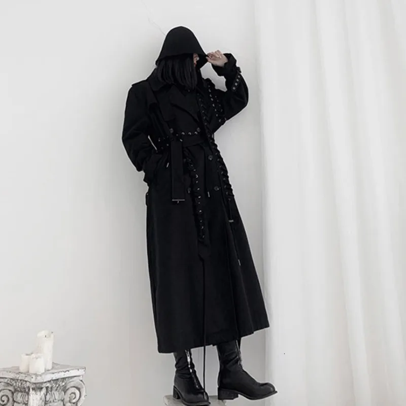 

[EAM] Women Black Bandage Big Size Long Trench New Lapel Long Sleeve Loose Fit Windbreaker Fashion Spring Autumn 2021 19A-a542